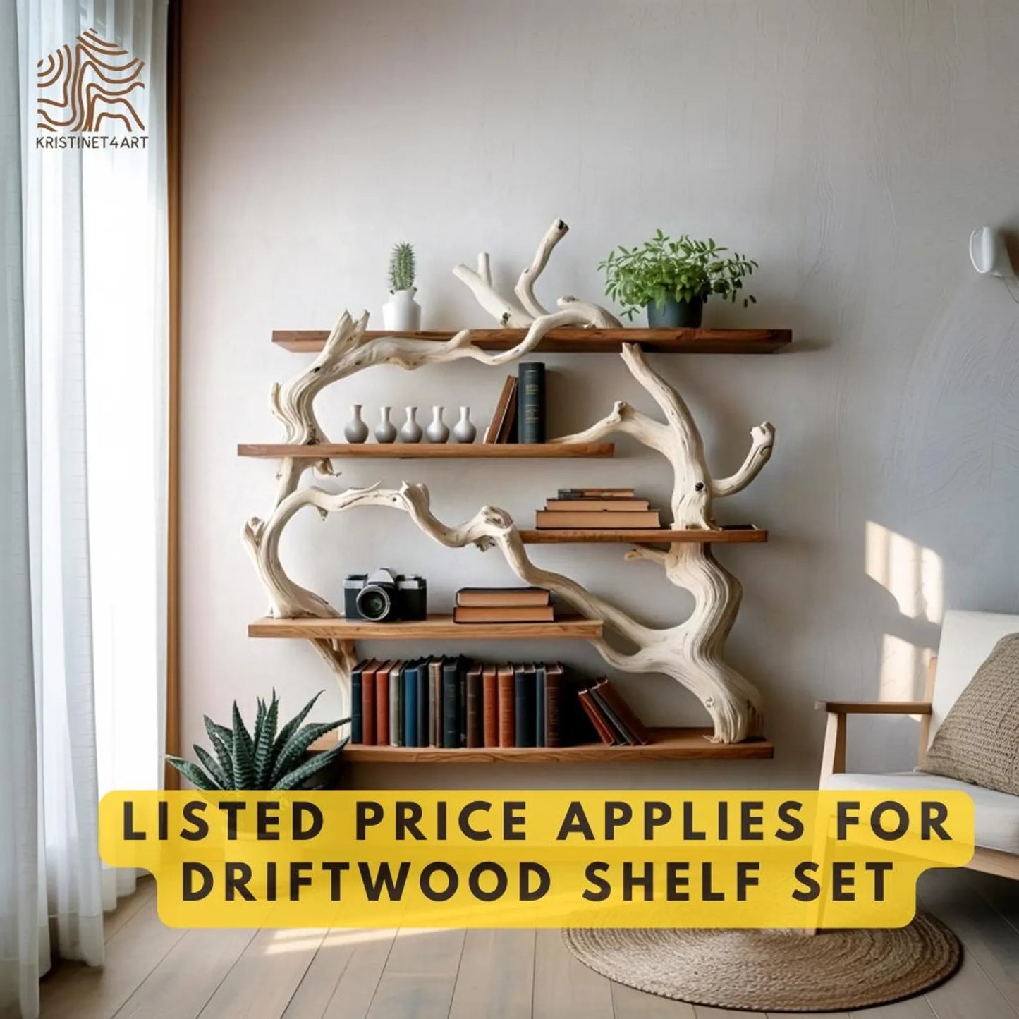 Handcrafted Driftwood Tree Live Edge Shelf, Natural Wooden Shelving Unit