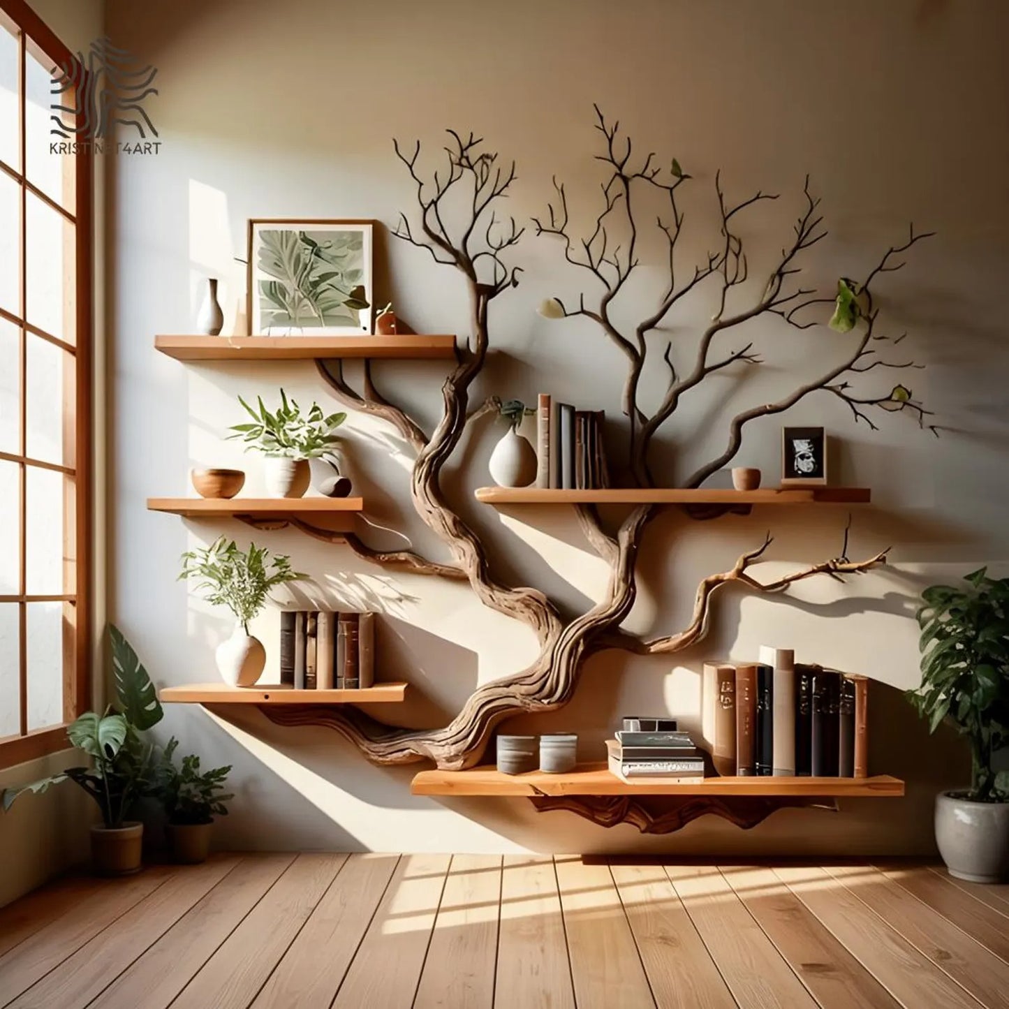 Solid Driftwood Branch Tree Wall Bookshelf, Rustic Floating Shelf Art