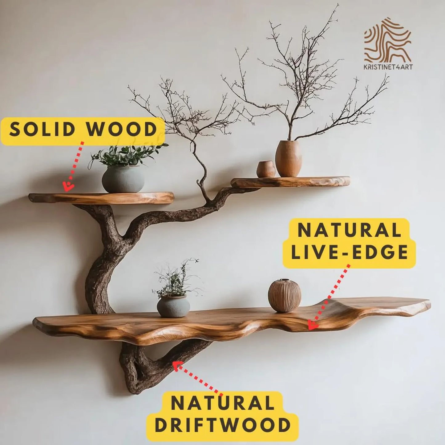 Custom Size Live Edge Tree Branch Wooden Shelves, Handmade Natural Wall Art Shelf