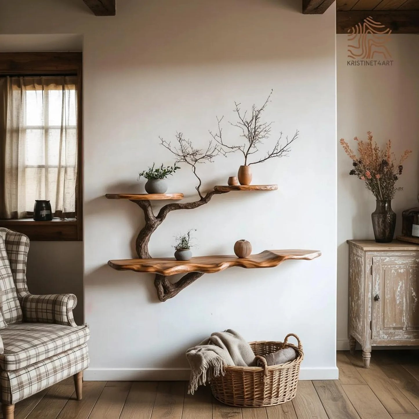 Custom Size Live Edge Tree Branch Wooden Shelves, Handmade Natural Wall Art Shelf