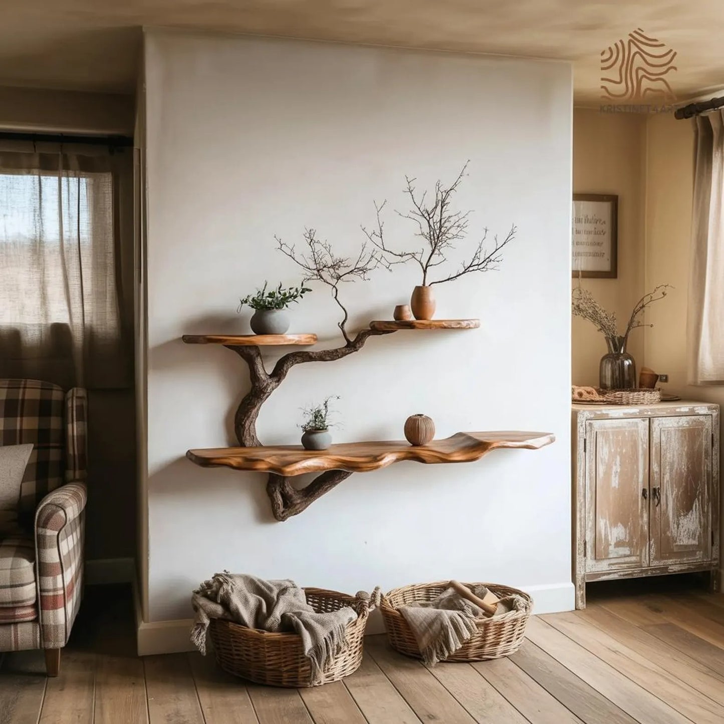Custom Size Live Edge Tree Branch Wooden Shelves, Handmade Natural Wall Art Shelf