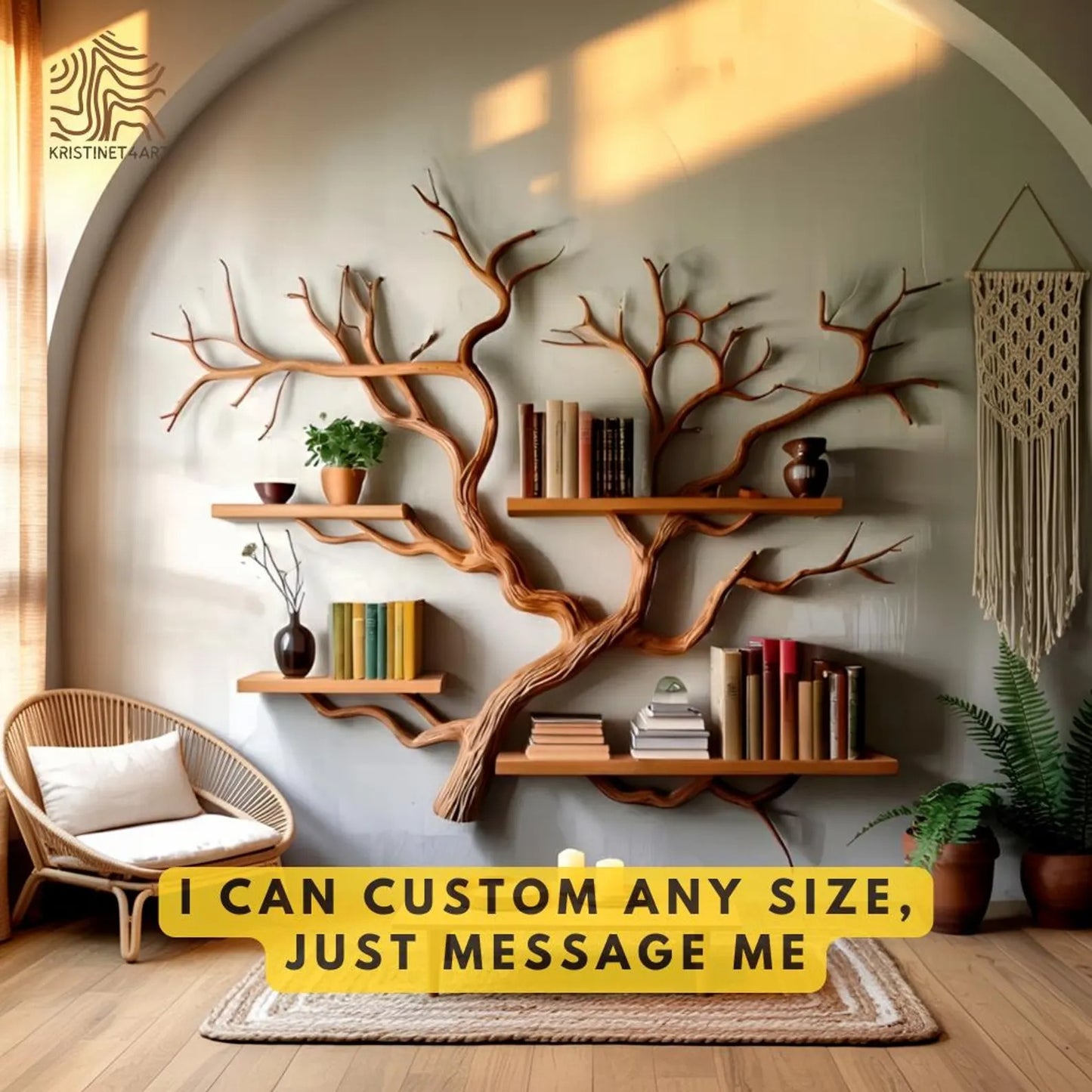 Custom Size Driftwood Tree Branch Wall Shelf, Rustic Live Edge Bookshelf