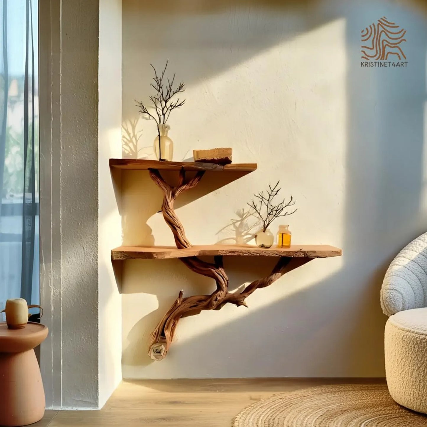 Custom Size Rustic Tree Branch Wall Shelf, Handmade Live Edge Wood Shelves