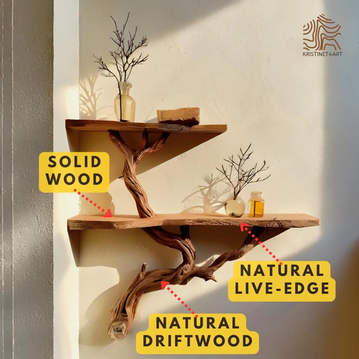 Custom Size Rustic Tree Branch Wall Shelf, Handmade Live Edge Wood Shelves