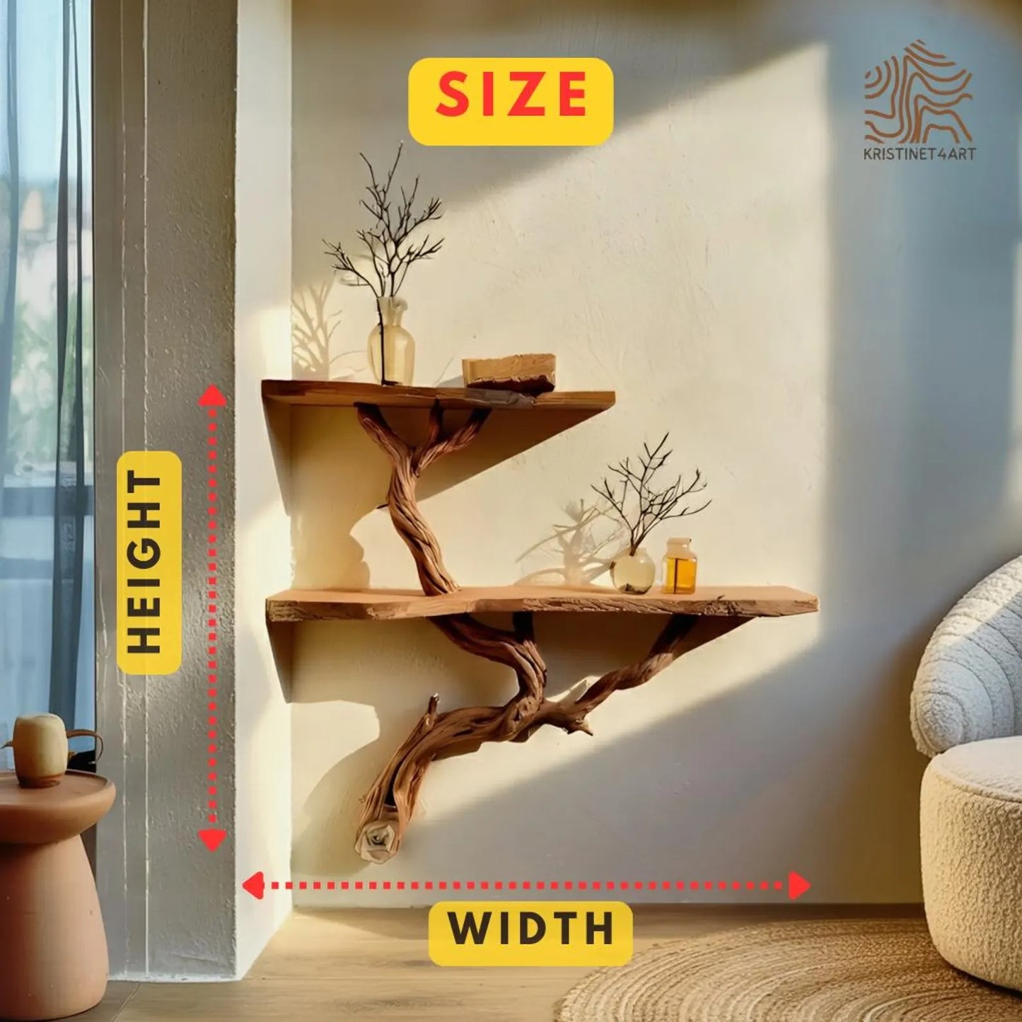 Custom Size Rustic Tree Branch Wall Shelf, Handmade Live Edge Wood Shelves