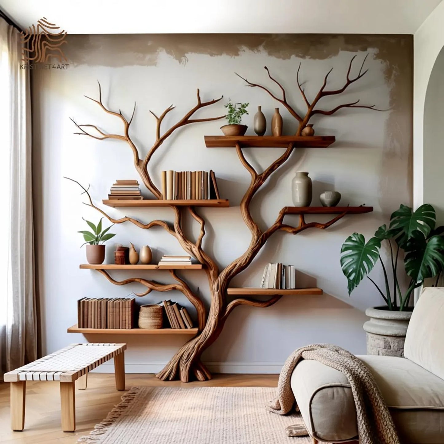 Custom size Driftwood Branch Tree Wall Bookshelf, Rustic Floating Shelf