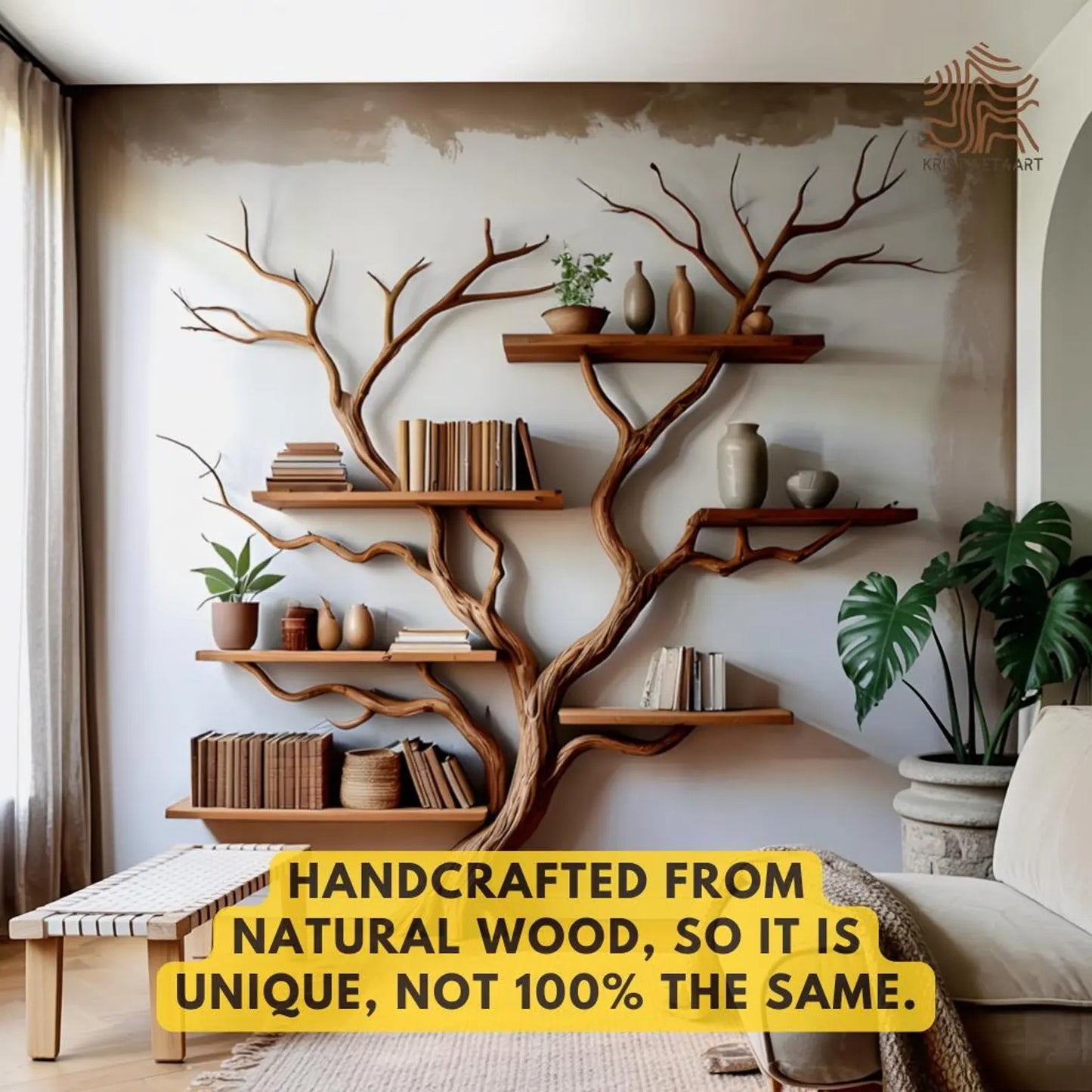 Custom size Driftwood Branch Tree Wall Bookshelf, Rustic Floating Shelf