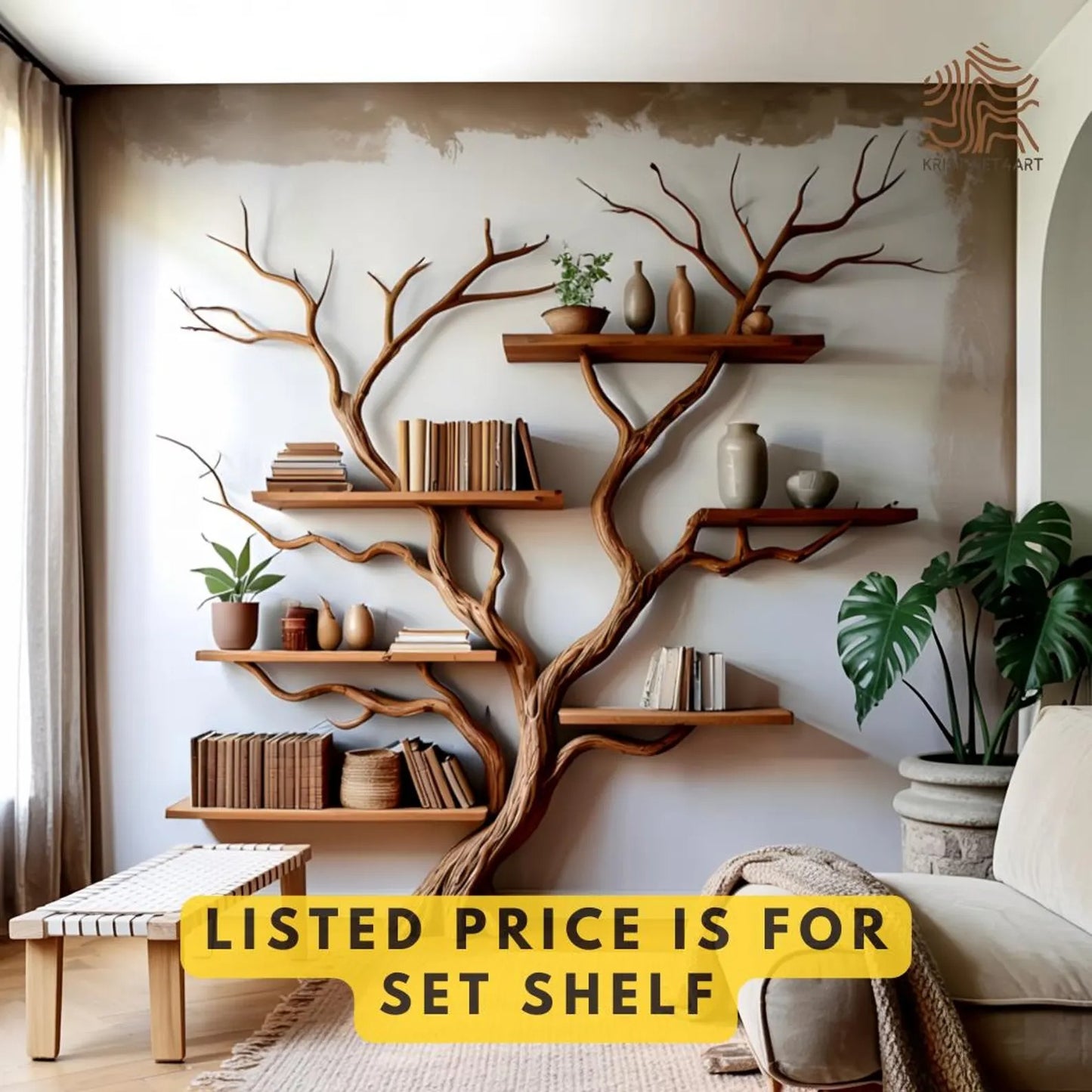 Custom size Driftwood Branch Tree Wall Bookshelf, Rustic Floating Shelf