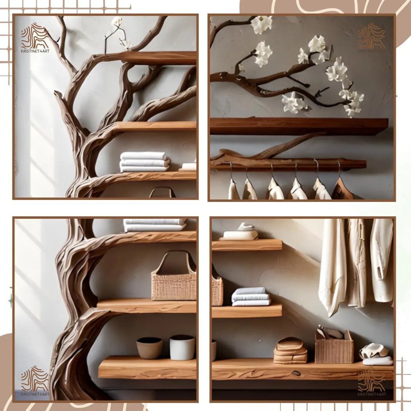 Custom size Tree Branch Wooden WallShelf with Hanging Rack