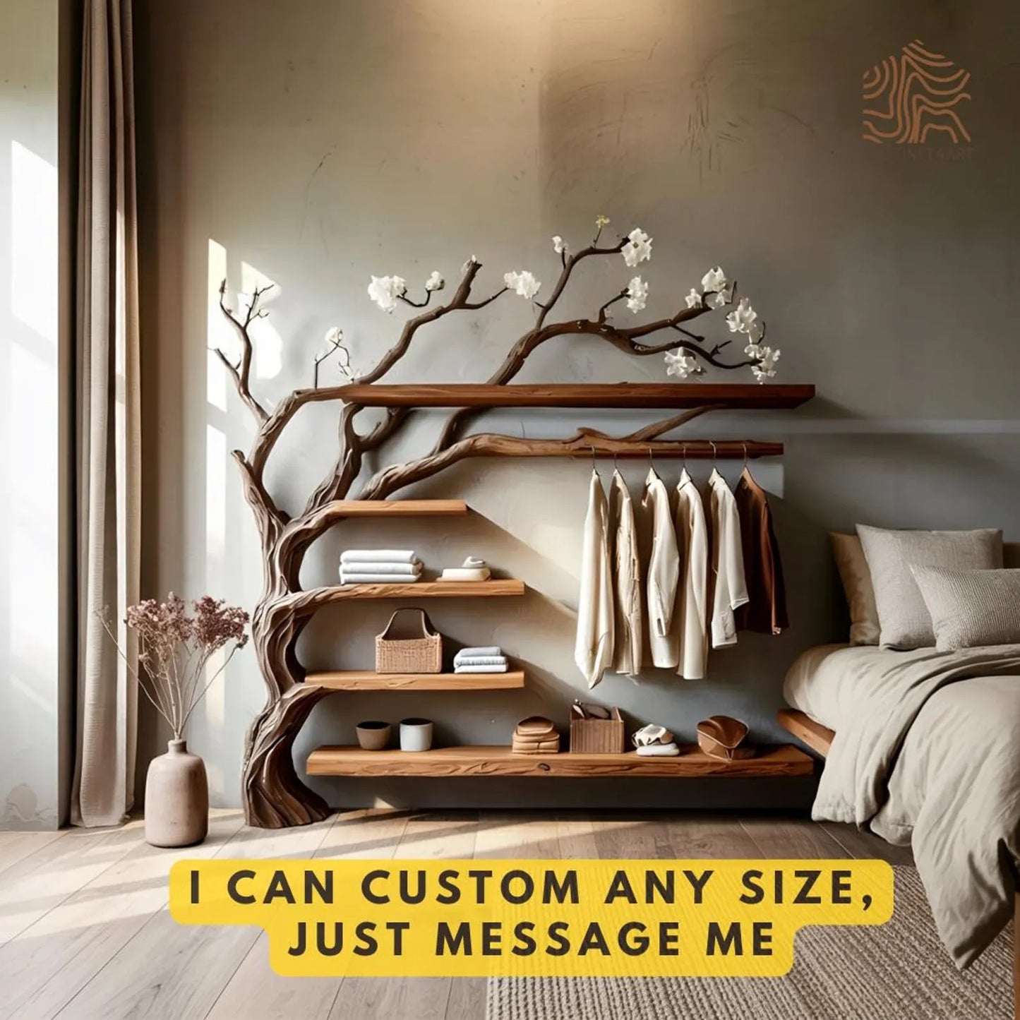 Custom size Tree Branch Wooden WallShelf with Hanging Rack