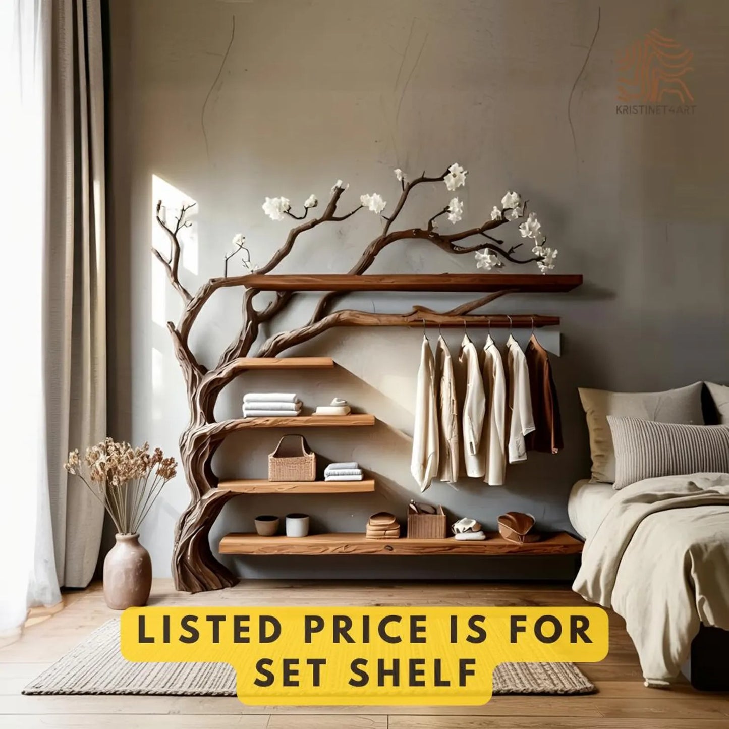 Custom size Tree Branch Wooden WallShelf with Hanging Rack