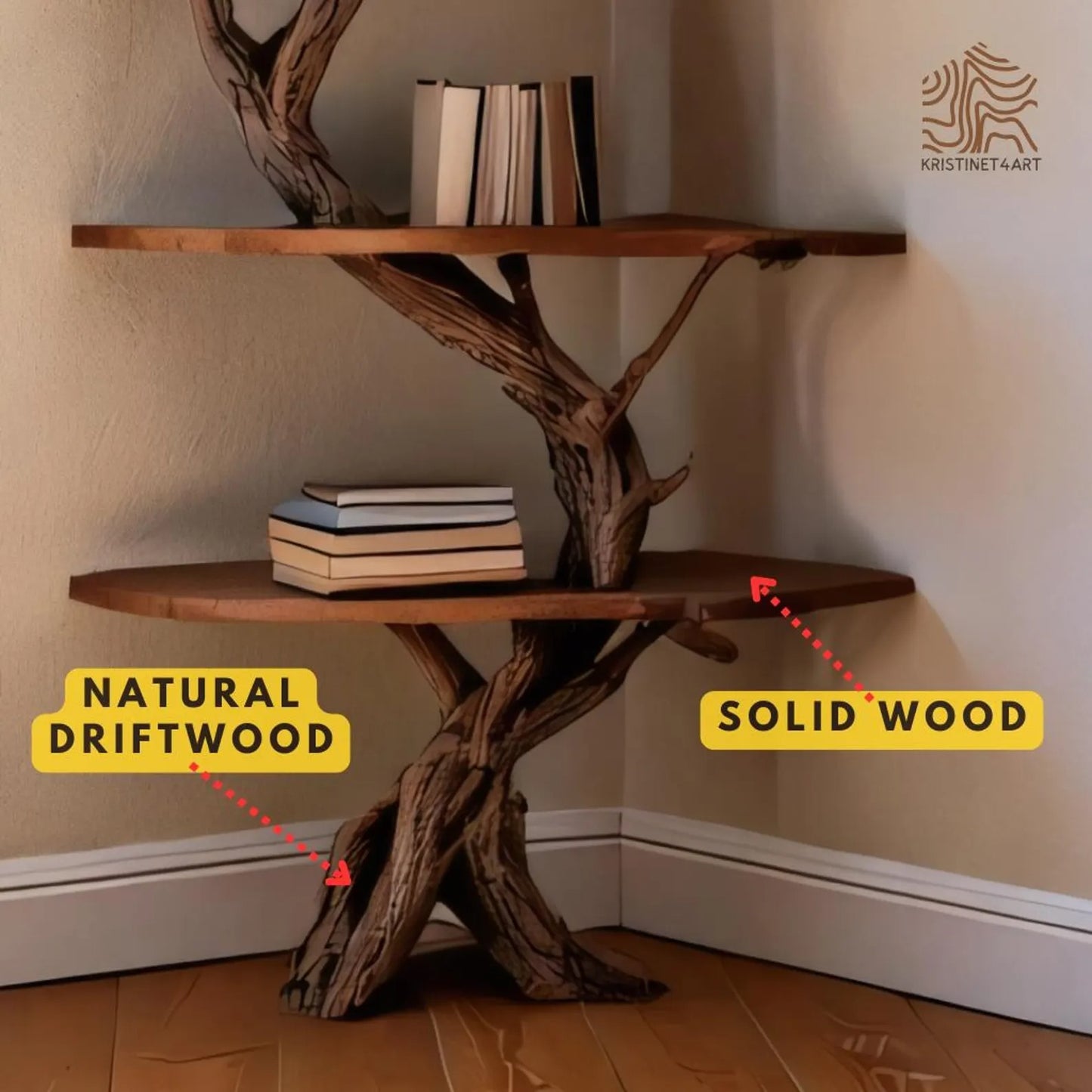 Custom size Corner Tree Branch Shelf, Handmade Rustic Wooden Corner Bookshelf