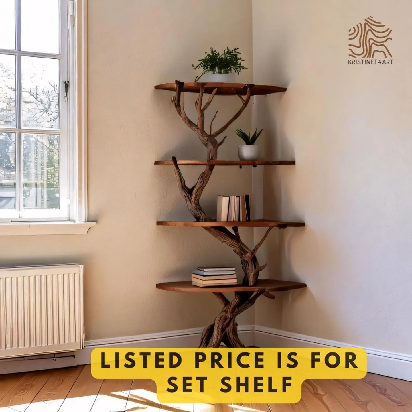 Custom size Corner Tree Branch Shelf, Handmade Rustic Wooden Corner Bookshelf