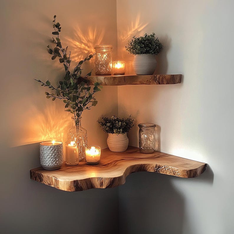 Custom Size Boho Live Edge Corner Shelf