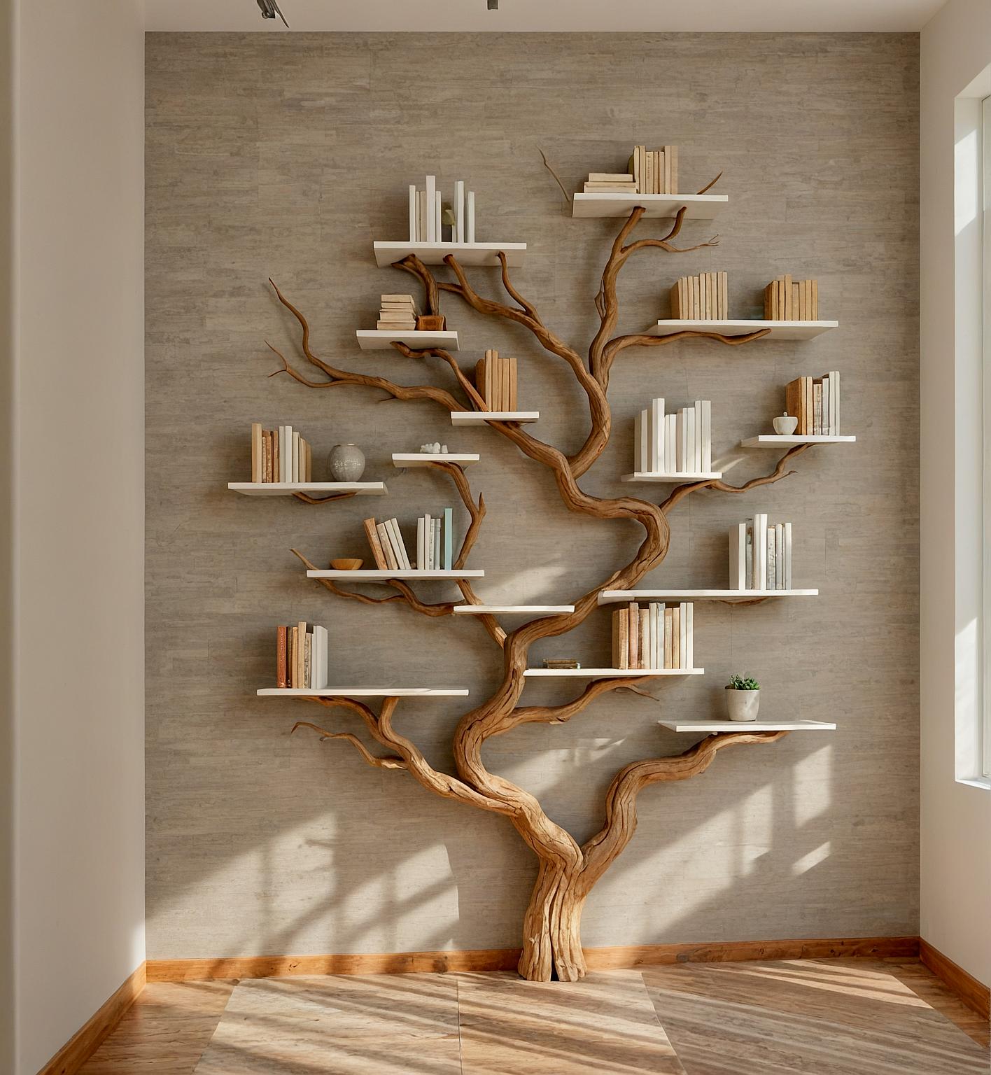 Wall-Mounted Solid Wood Tree Bookshelf