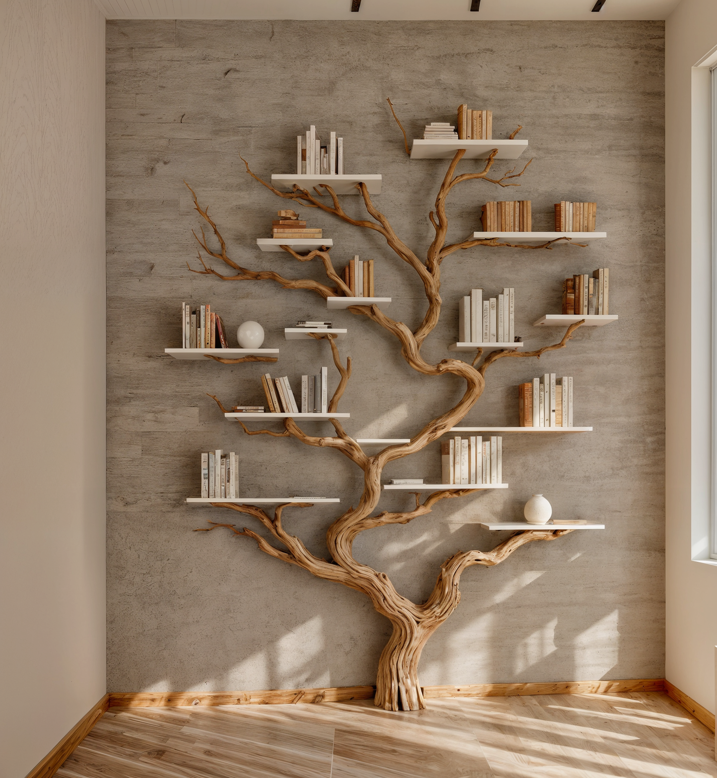 Wall-Mounted Solid Wood Tree Bookshelf