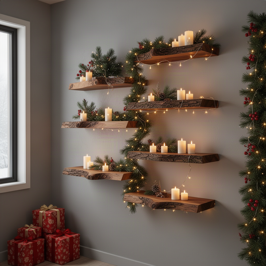 Live edge solid wood floating shelves dressed with garland, candles and wrapped gifts beside a Christmas tree