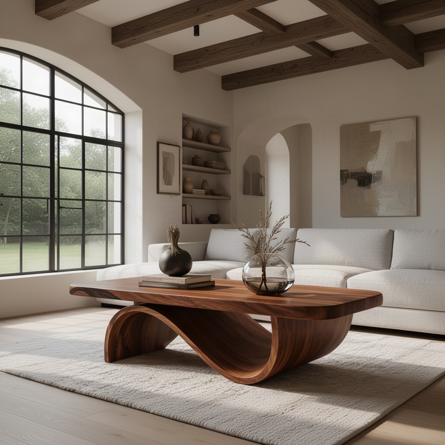 Brown-finish sculptural wood coffee table with a curved ribbon base in front of a cream sofa, in a living room with arched black-framed windows and wood ceiling beams
