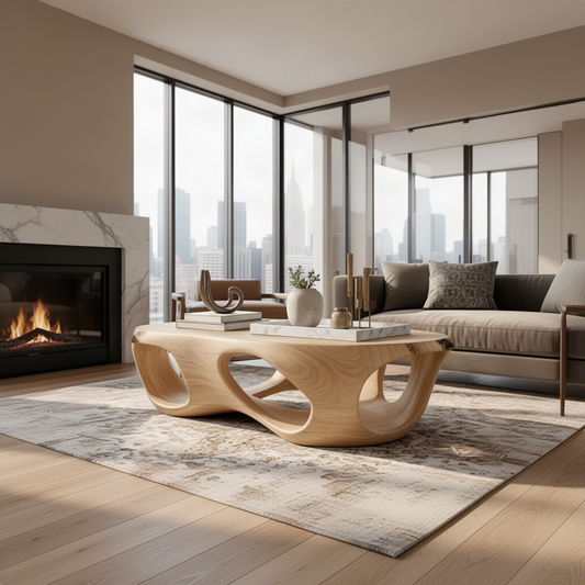 Cozy living room with a sculptural light wood coffee table on a soft rug in front of a lit fireplace, gray sofa and city-view windows