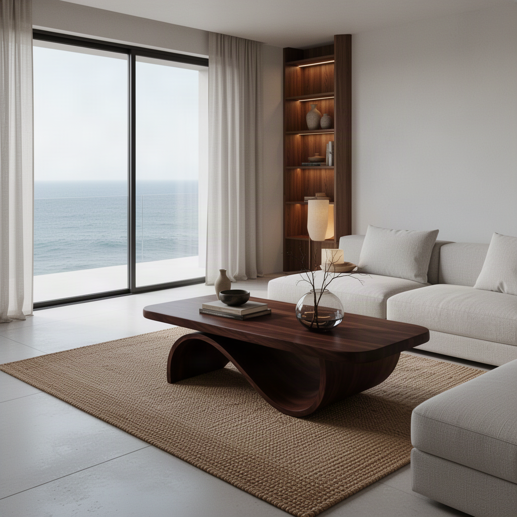 Ribbon Arc sculptural solid wood coffee table in a dark walnut tone in a sunlit living room with floor-to-ceiling windows overlooking the ocean