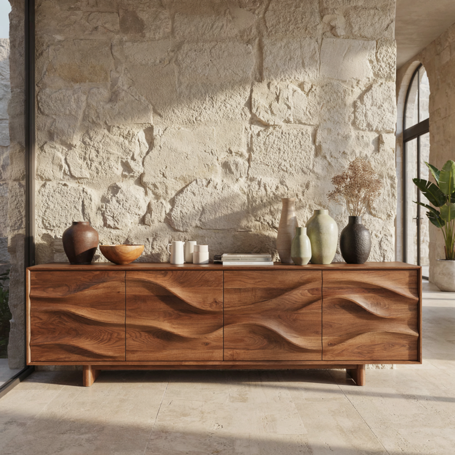 Hand carved solid wood sideboard with a wave front in a dark walnut finish against a textured plaster wall