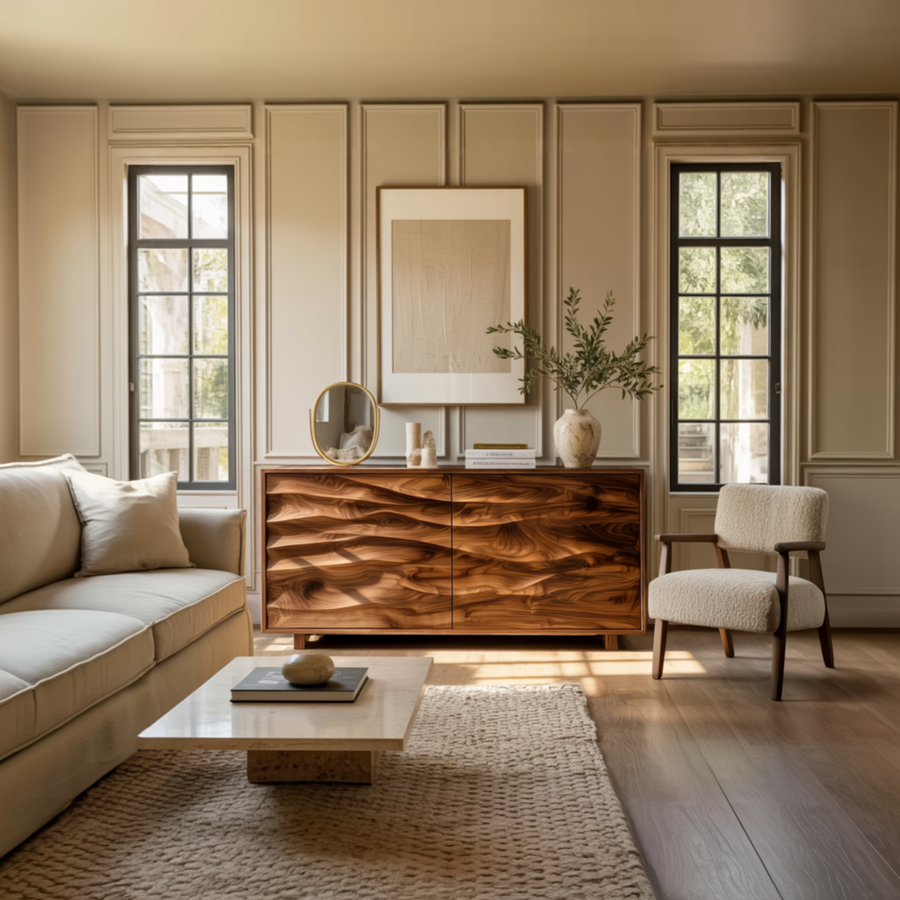 Rippla sculptural solid wood sideboard with a wave-carved front in a walnut tone in a bright living room