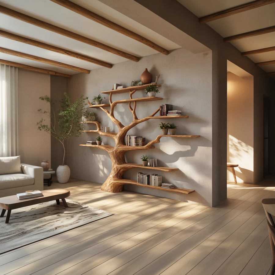 Evergrove freestanding sculptural wood tree bookshelf with branch shelves holding books in a warm living room