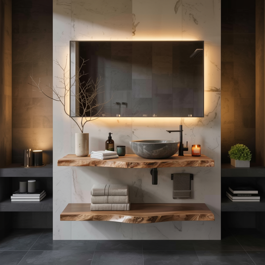 Mossbank live edge wood floating bathroom vanity with a stone vessel sink under a backlit mirror in a warm, dark-tiled spa bathroom