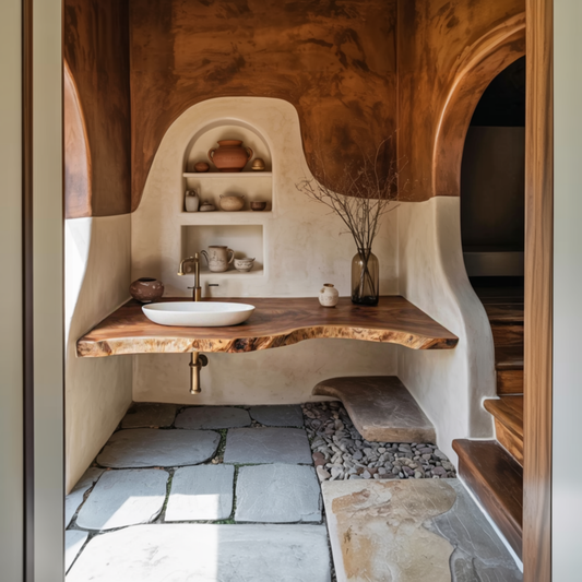 Cedarfall live edge wood floating vanity with a white vessel sink in a plaster bathroom with an arched niche