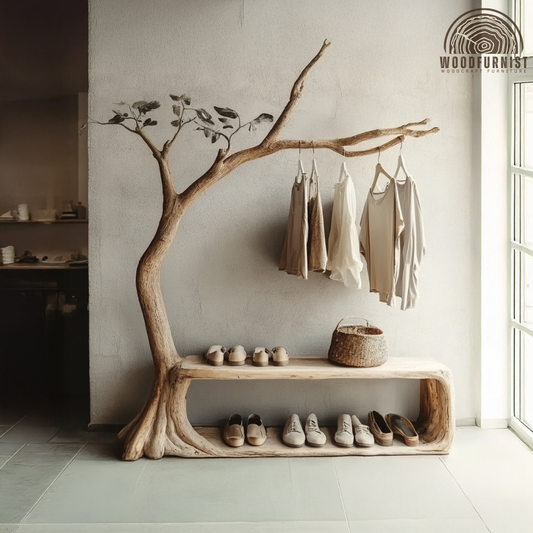 Elmdale sculptural natural wood tree with a hanging branch holding clothes above a bench and shoe shelf against a pale plaster wall