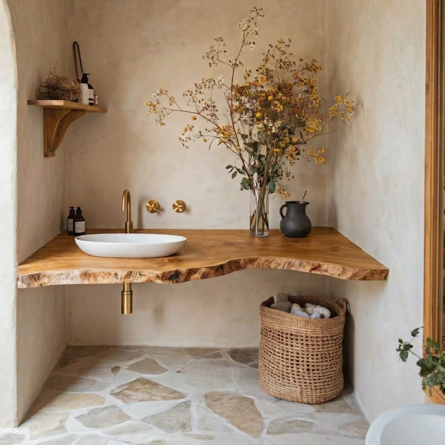Live edge wood floating bathroom vanity in an oak finish with a white vessel sink and a woven basket below