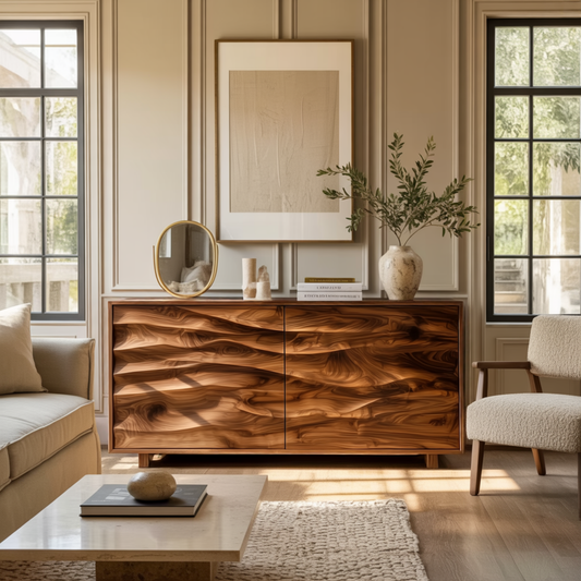 Rippla sculptural solid wood sideboard in a walnut finish with two carved wave doors in a bright living room
