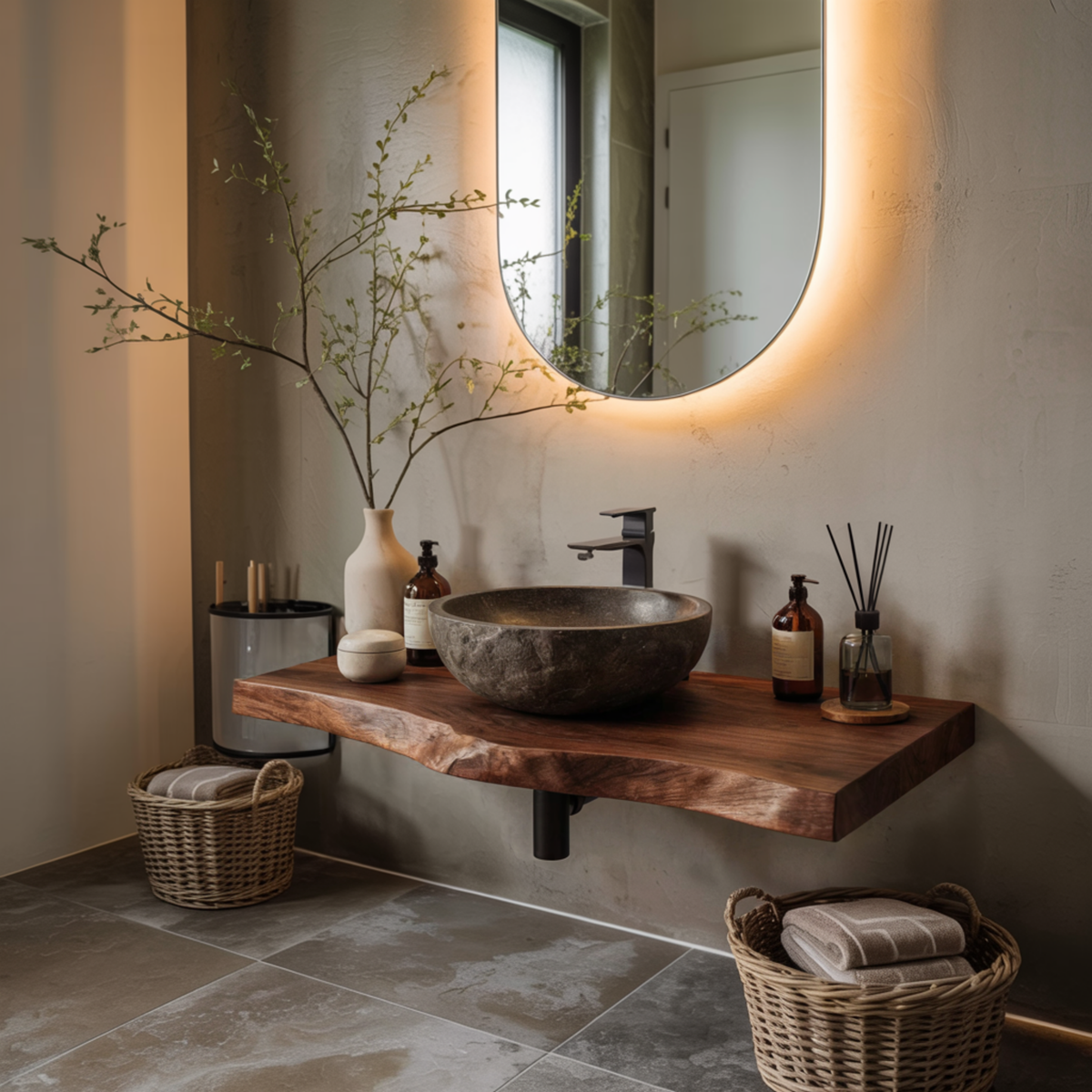 Mossbank live edge wood floating vanity top with a stone vessel sink under an oval backlit mirror in a modern bathroom