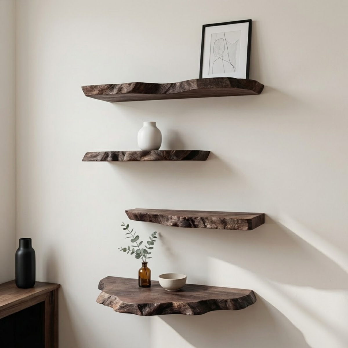 Hearthwood live edge solid wood floating shelves in a dark walnut tone stacked on a white wall with a framed print, vases and a small plant