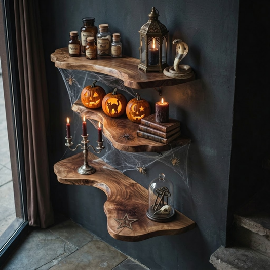 Ashgrove live edge solid wood floating shelves on a dark green wall holding books, vases and small decor