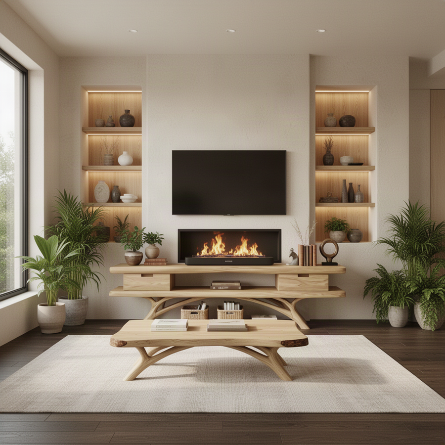Light oak-finish sculptural TV stand and matching wood coffee table in a calm living room with a fireplace, lit built-in shelves and plants