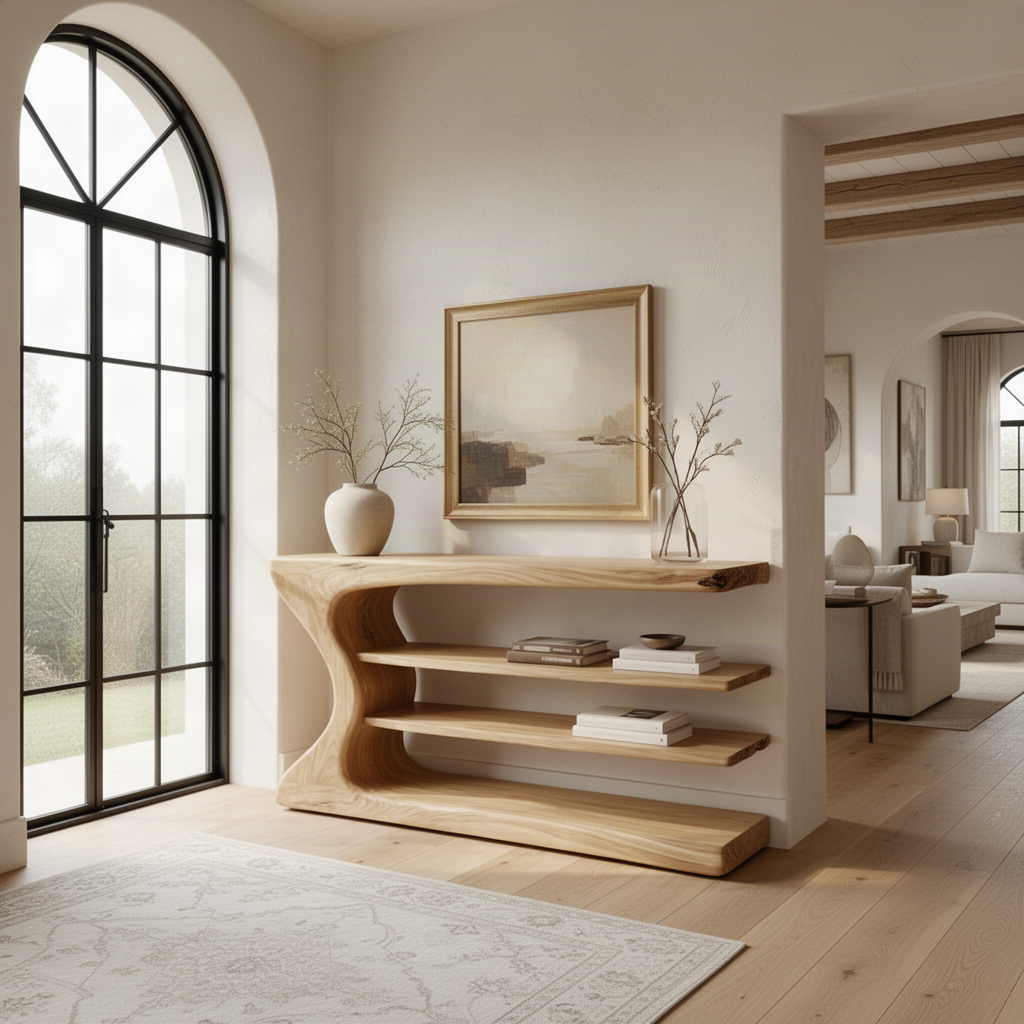 Welcoming entryway with a sculptural light wood console table with open shelves, a vase, books and a framed print beside an arched window