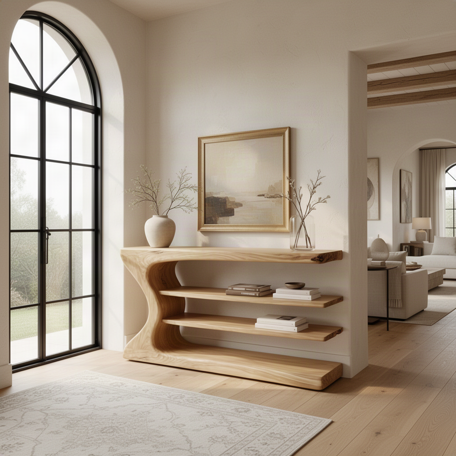 Welcoming entryway with a sculptural light wood console table with open shelves, a vase, books and a framed print beside an arched window