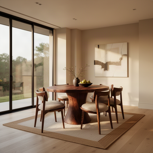 Orbelle sculptural solid wood round pedestal dining table in a walnut tone with chairs on a rug in a bright open room with tall windows