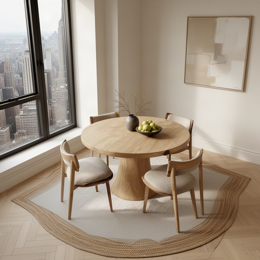 Round light oak solid wood pedestal dining table with four wood chairs on a rug beside a city-view window in a bright apartment