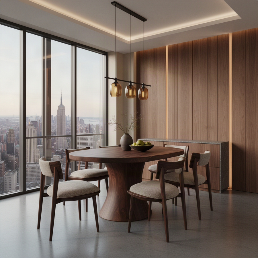 Round solid wood pedestal dining table in a walnut finish with upholstered chairs in a city dining room with floor-to-ceiling windows