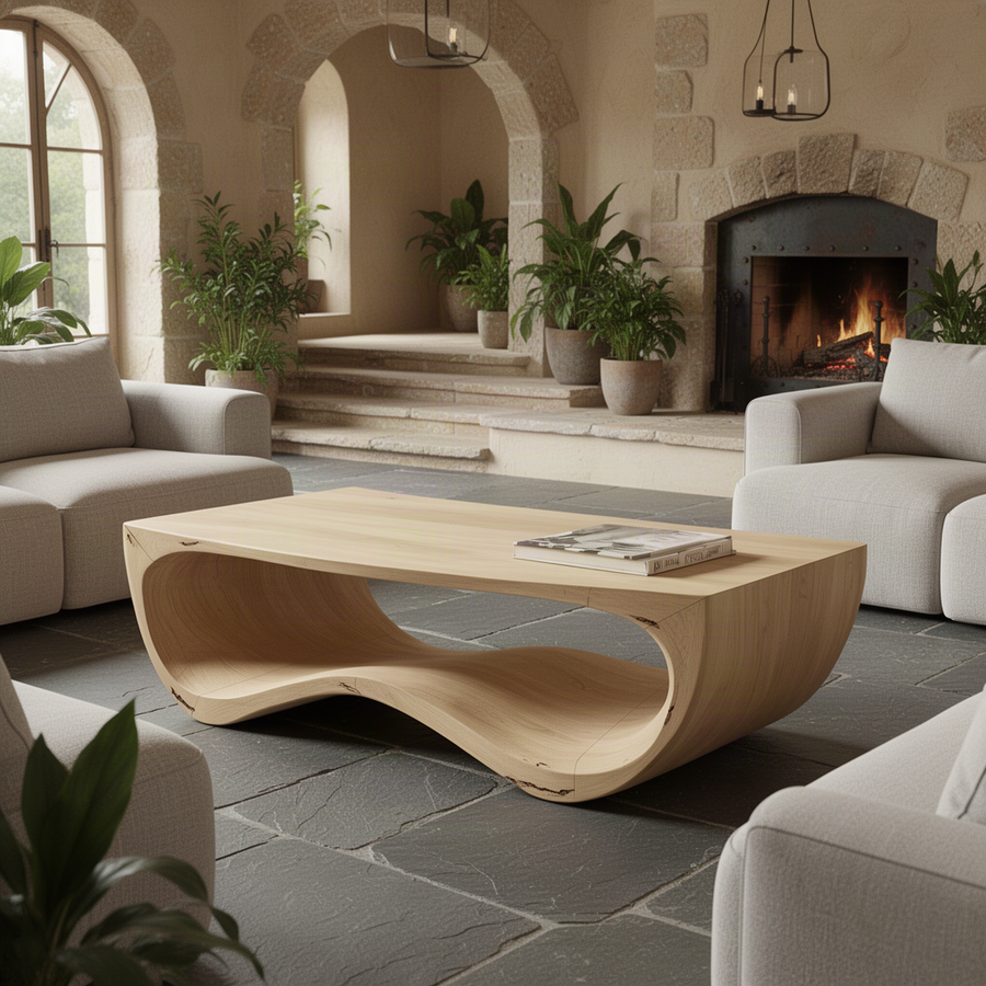 Light oak sculptural wood coffee table with an open wave base between curved white sofas in an arched-window living room with plants and a fireplace