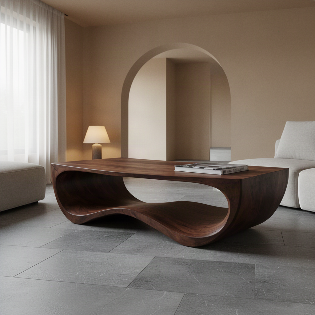 Low walnut-finish coffee table with a sculptural wave base in a calm living room with an arched doorway, sheer curtains and a small table lamp