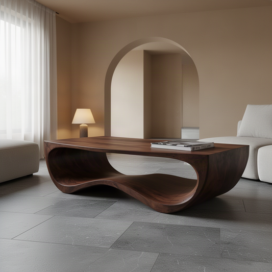Low walnut-finish coffee table with a sculptural wave base in a calm living room with an arched doorway, sheer curtains and a small table lamp