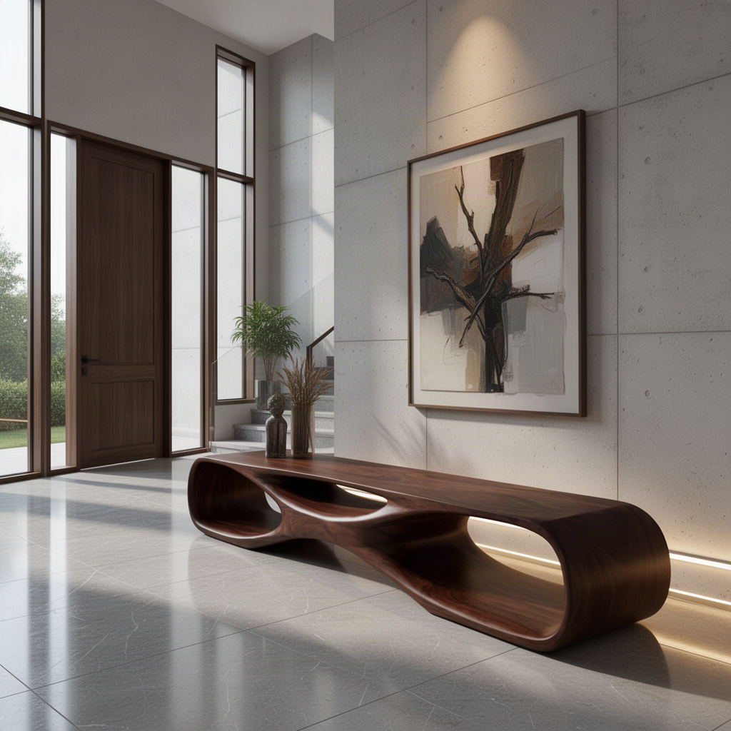 Sylvara sculptural solid wood bench with an open flowing form in a walnut tone in a bright gallery-style hallway