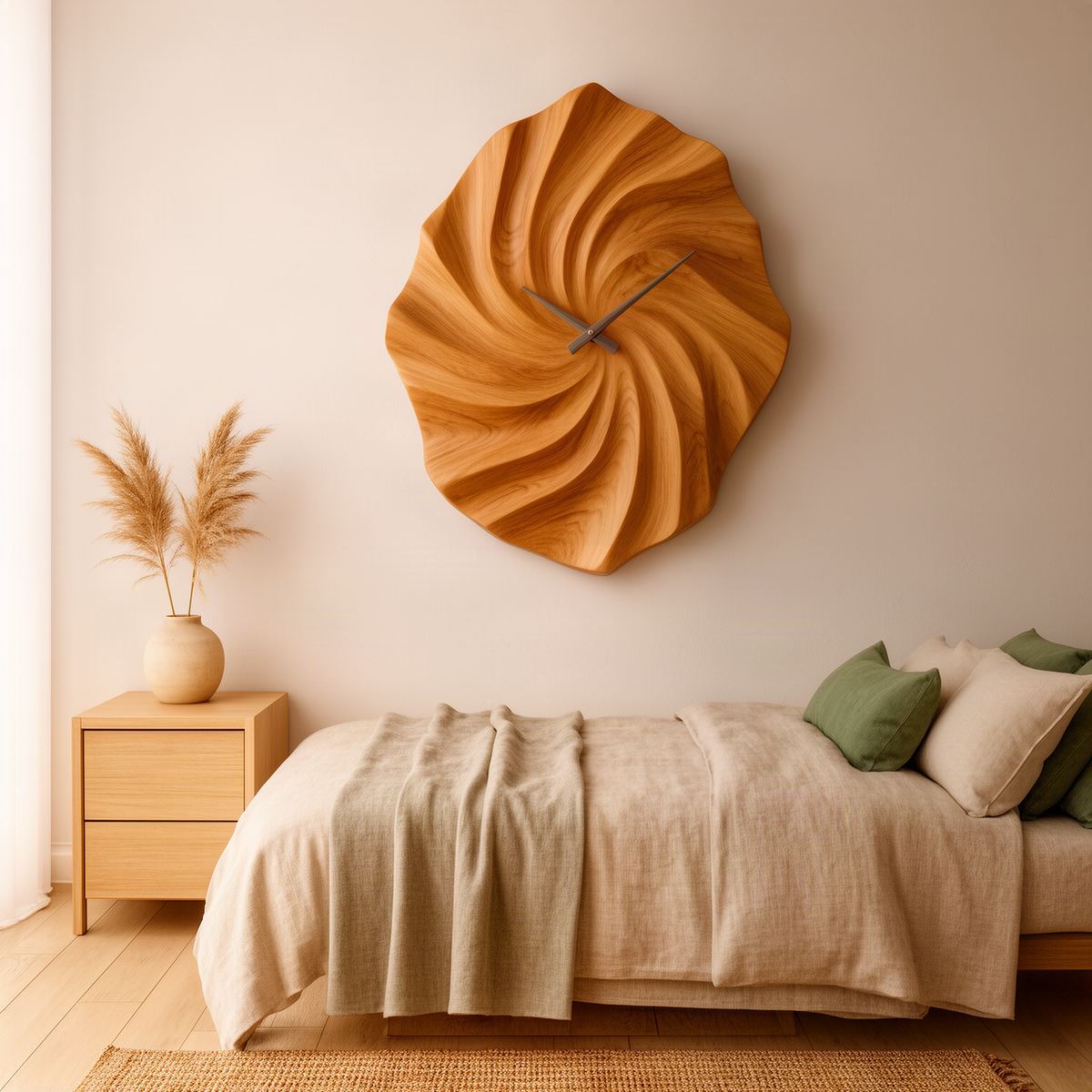 Carved oak spiral wall clock above a bed with linen bedding and a wood nightstand in a warm, calm bedroom