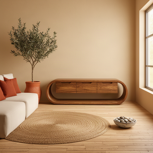 Ovalis sculptural solid wood TV stand in a dark brown finish with a rounded loop frame in a warm living room with a white sofa, a potted tree and a round rug