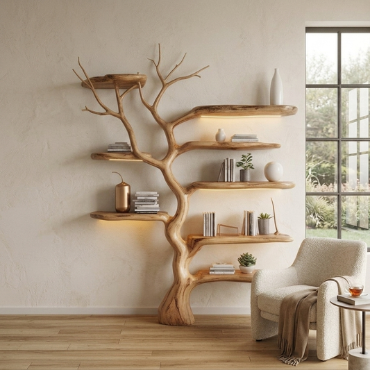 Branwyn sculptural wood tree wall shelf styled with books, vases and plants