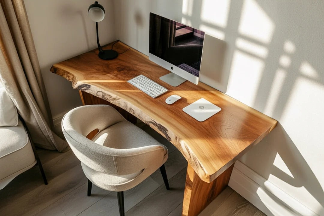 Live edge solid wood desk with a computer, desk lamp and cream boucle chair in a sunlit home office, with window light falling across the wall