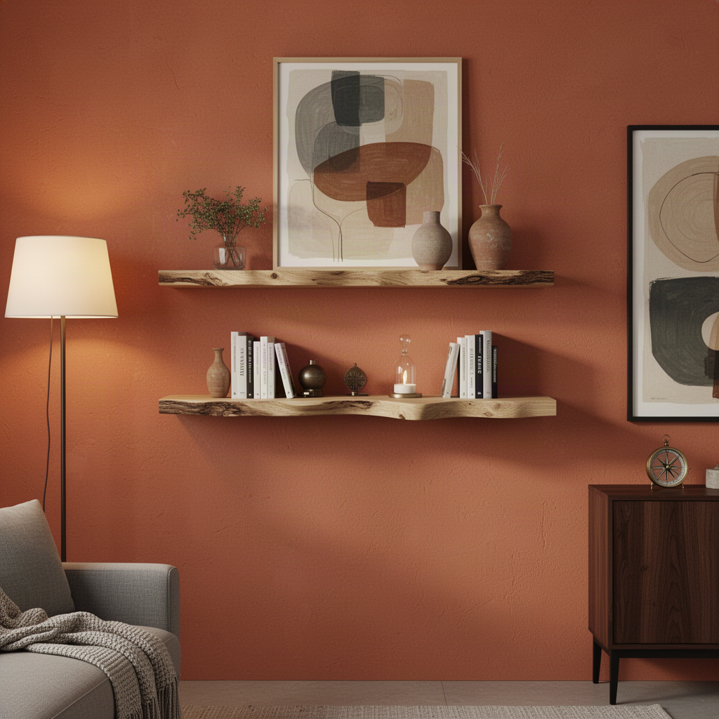 Timberline live edge wood floating shelf in Oak finish with natural live edge and solid wood grain in a modern home
